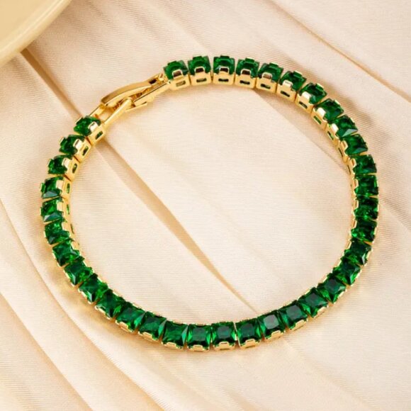 14K Gold Womens Square 2ct Green Emerald Gemstone Tennis Bracelet 14K Silver 7